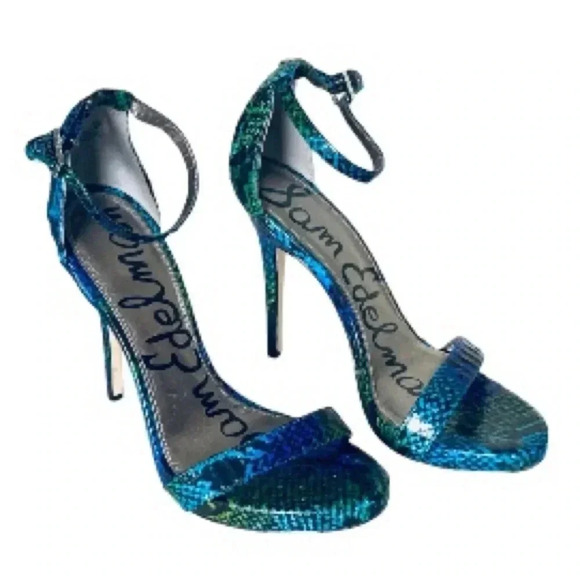 SAM EDELMAN | Eleanor Leather Snake Print Open Toe High Heels Stiletto Size 7.5M - Picture 1 of 7